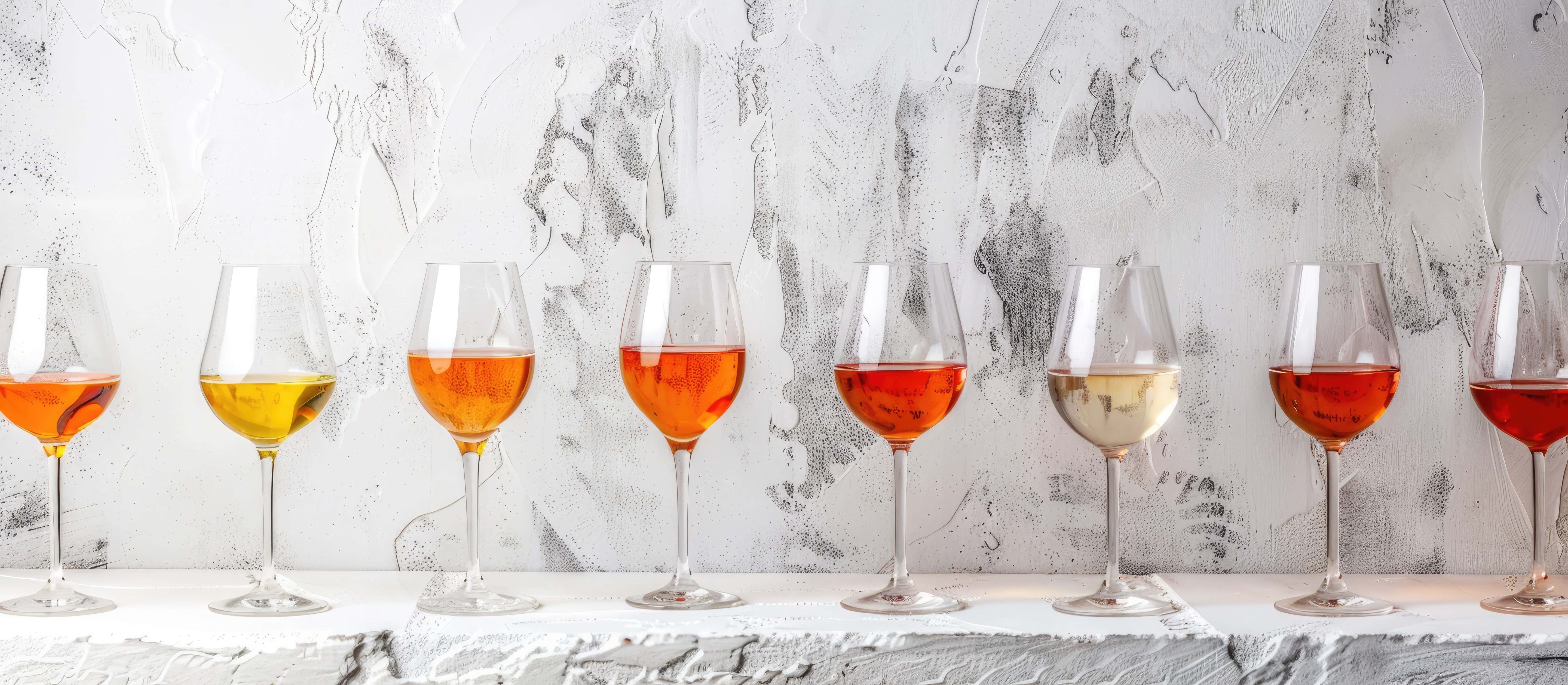 what is orange wine? Seven wine glasses lined up in a row, each filled with a different shade of wine from golden yellow to deep amber, set against a textured white background.