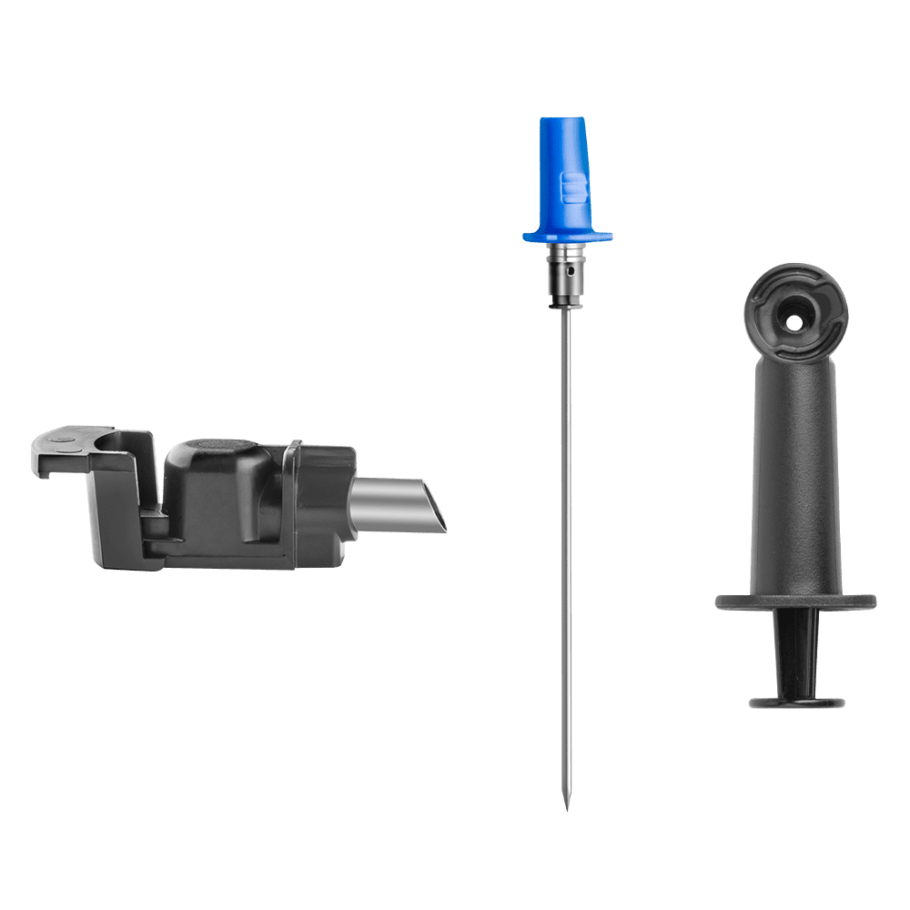 Three medical devices: a black injector, a long needle with a blue cap, and a black plunger mechanism.