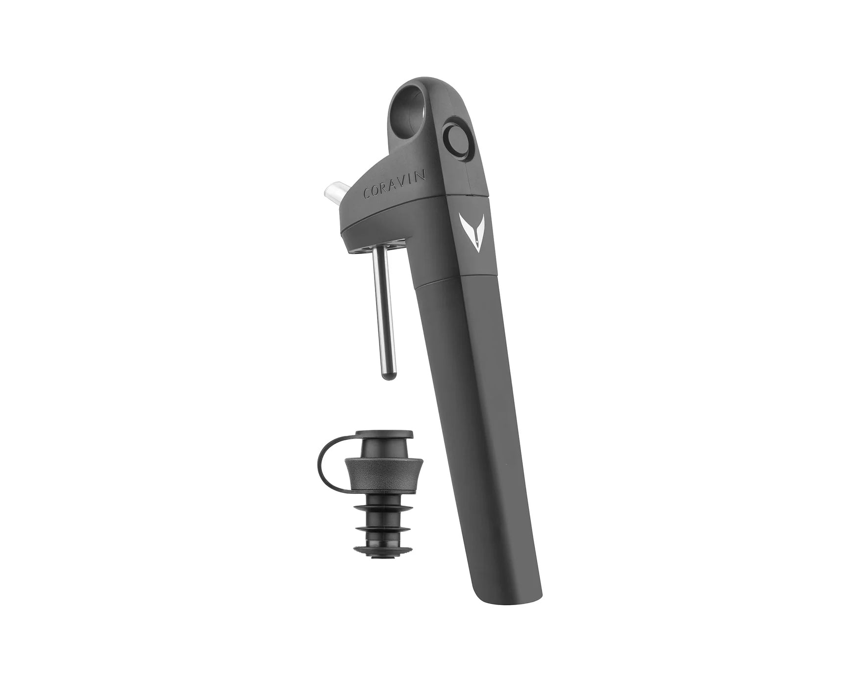 Coravin wine preservation tool in matte black, featuring a needle, pouring spout, and a compatible stopper.