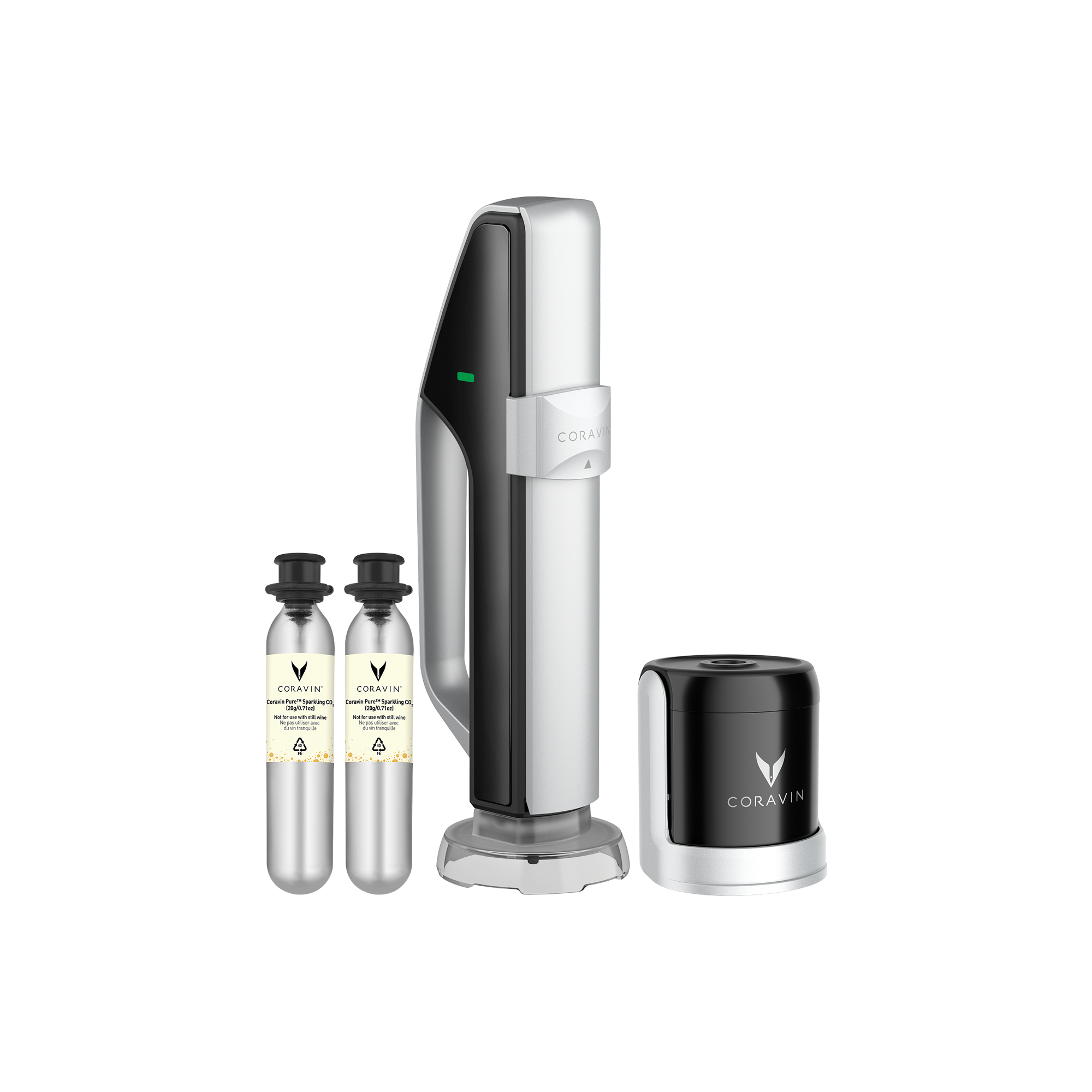 Coravin wine preservation system featuring a silver and black wine opener, two gas cartridges, and a black base.