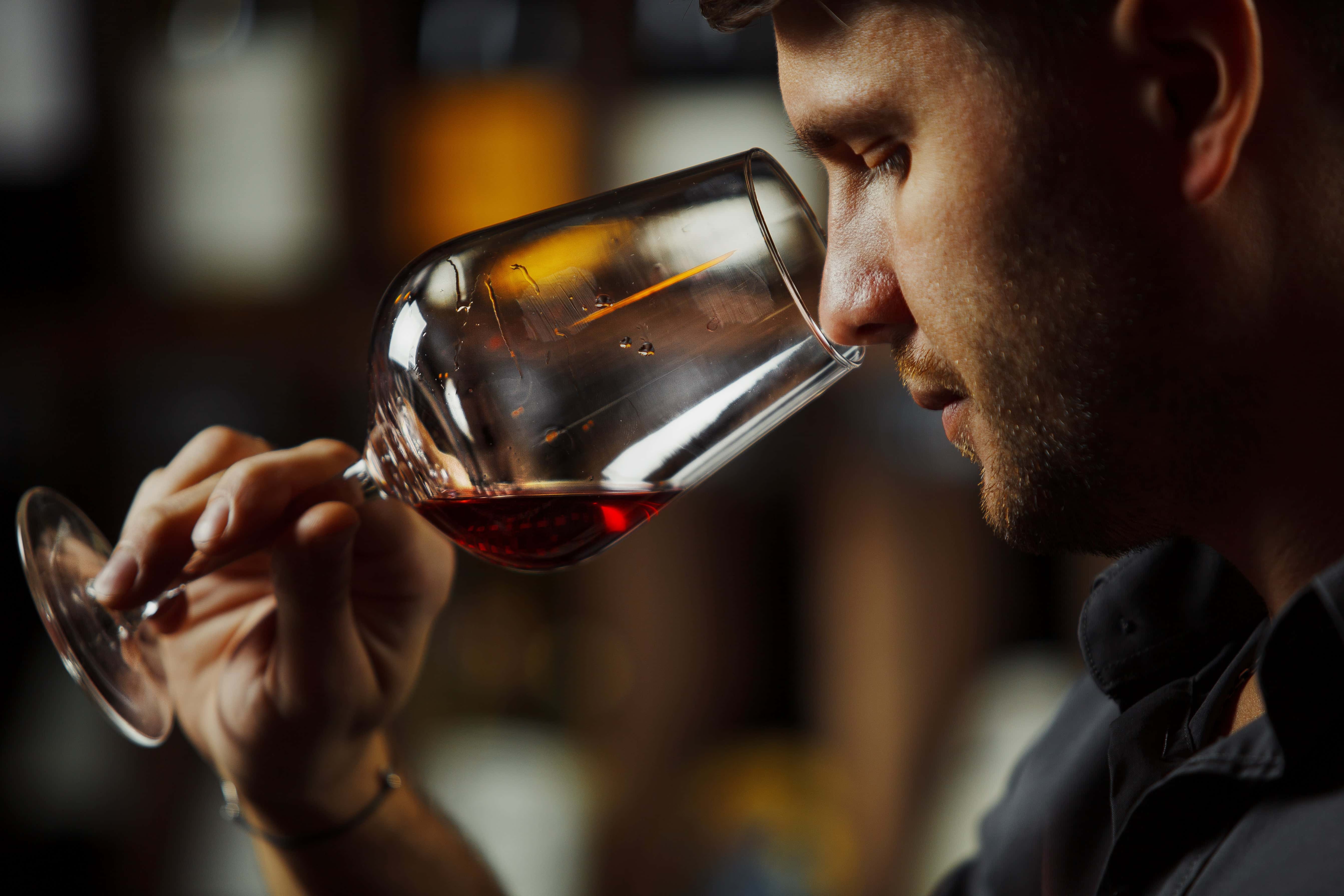 Close-up of a man holding a glass of red wine, carefully examining and smelling its aroma in a dimly lit wine bar or tasting room.