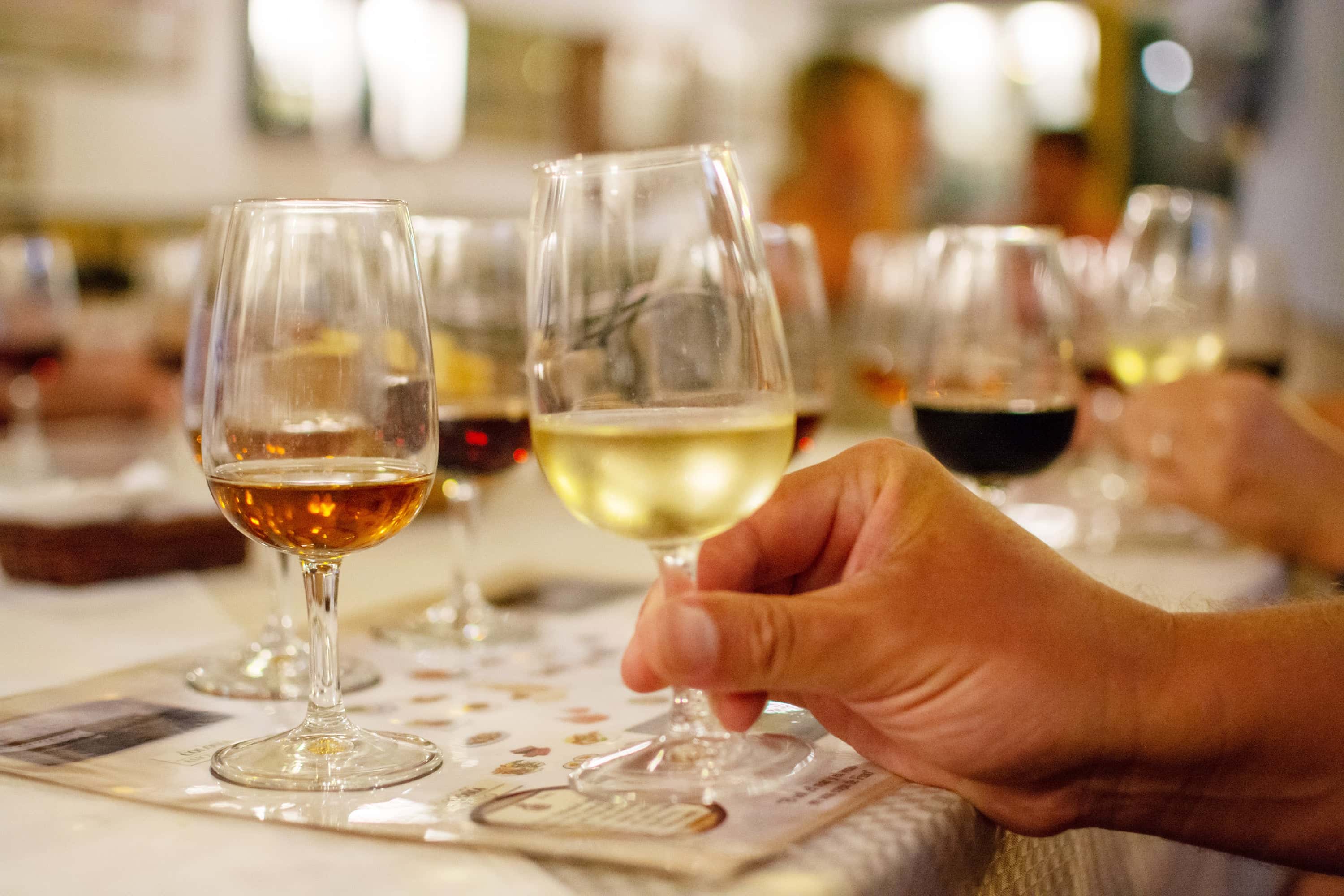 Close-up of a hand holding a wine glass during a guided wine tasting session, with a variety of wines in the background on a tasting mat.