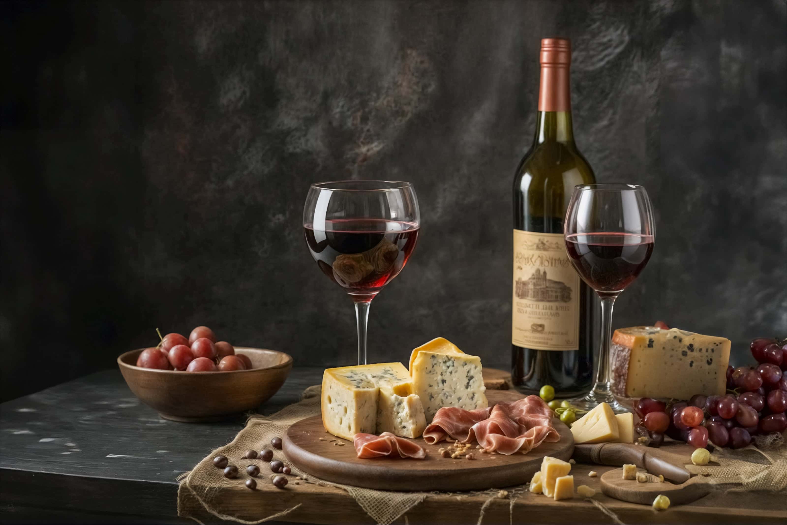 Still life of red wine, assorted cheeses, cured meats, and grapes on a rustic wooden table with a dark textured background.