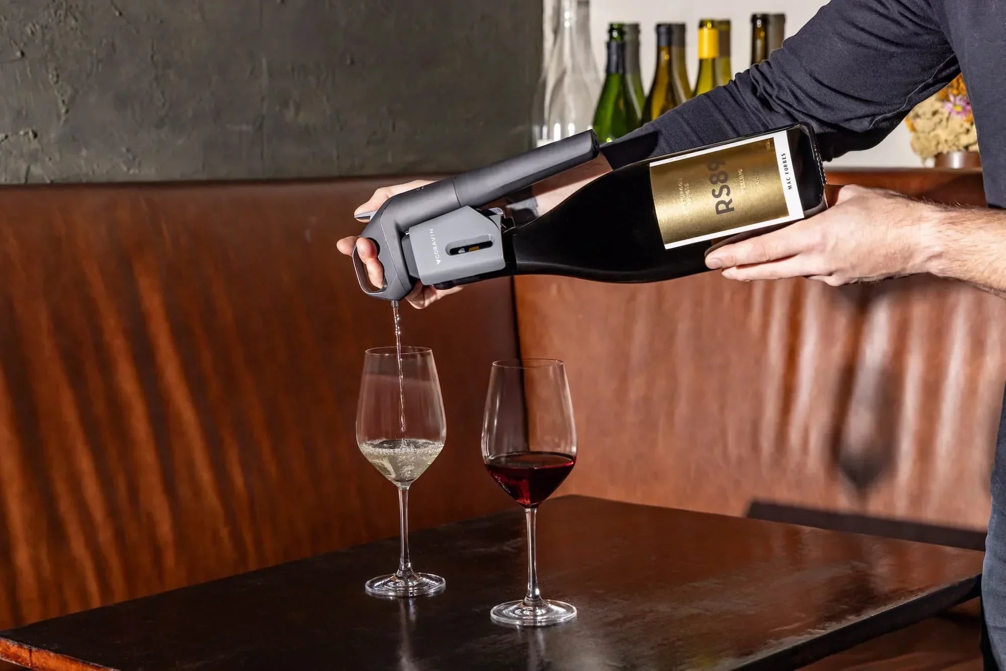 red wine vs white wine on table with coravin