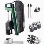Coravin wine preservation system with green opener, black carrying case, accessories, and several gas canisters.