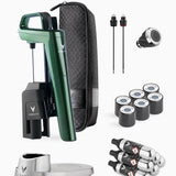 Coravin wine preservation system with green opener, black carrying case, accessories, and several gas canisters.